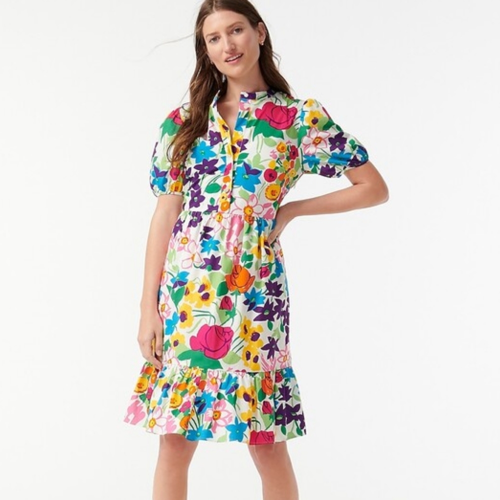 NWT J. Crew Puff Sleeve Dress in Vibrant Garden Sz 4